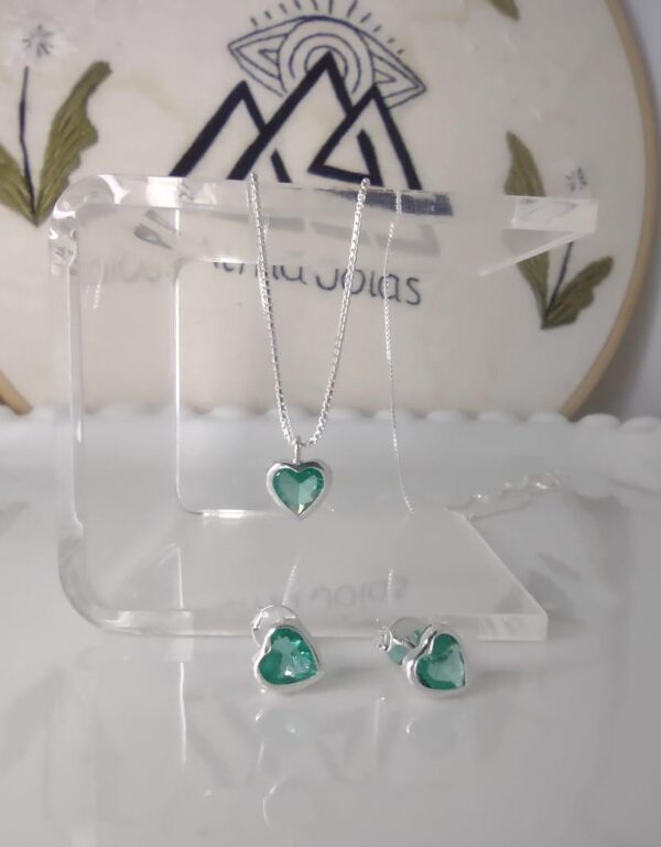 conjunto prata coração verde zirconia