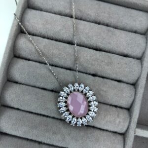 Maxi Colar Medalhão Oval Rosa e Navetes – Prata 925