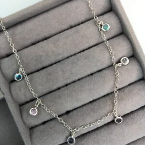Tornozeleira Delicada 6 Cristais Coloridos com Moldura – Prata 925