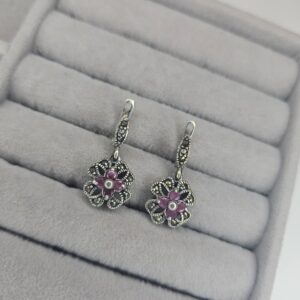 Brinco Pendente Flor Rubi Indiano e Marcassitas – Prata 925