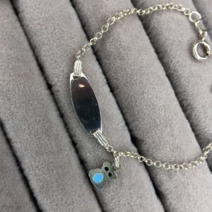 Pulseira Infantil Plaquinha de Gravação e Ursinho Azul – Prata 925