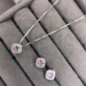 Conjunto Colar e Brincos Quadrado Cristal Rosa – Prata 925