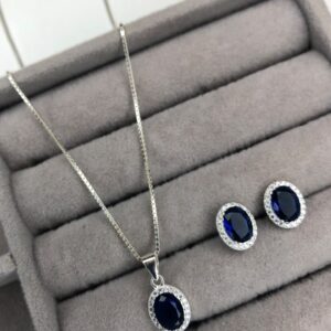 Conjunto Colar e Brincos Oval Halo Cristal Azul Safira – Prata 925