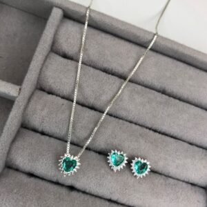 Conjunto Colar e Brincos Coração Halo Cristal Verde Esmeralda – Prata 925