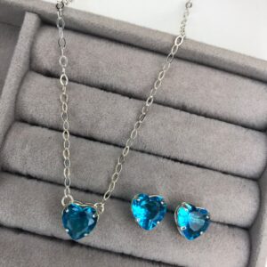 Conjunto Colar Elos e Brincos Coração Cristal Azul Topázio – Prata 925