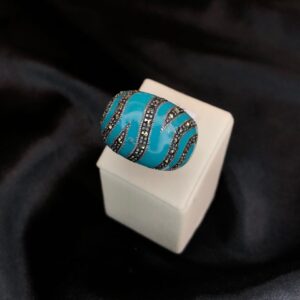 Anel Bombê Esmaltado Azul com Marcassita – Prata 925